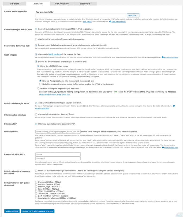 Impostazioni Avanzate Shortpixel