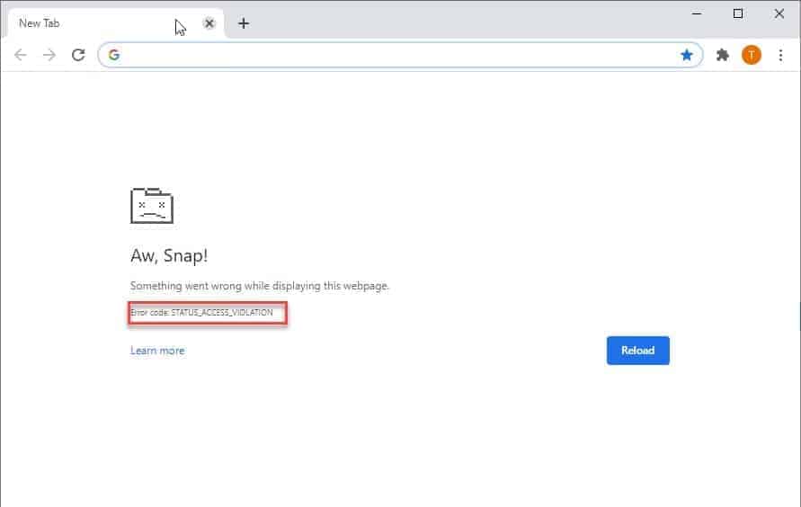 Status access violation google chrome что делать
