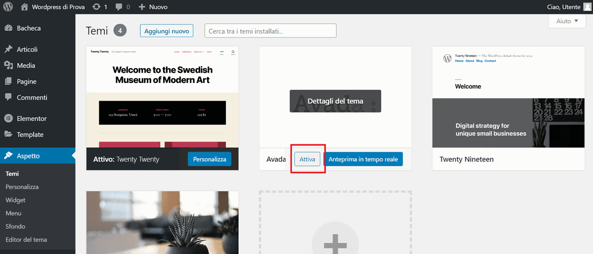 Attivare Tema Avada WordPress