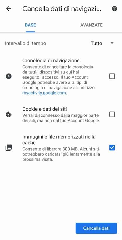 Svuota Cache Chrome Android
