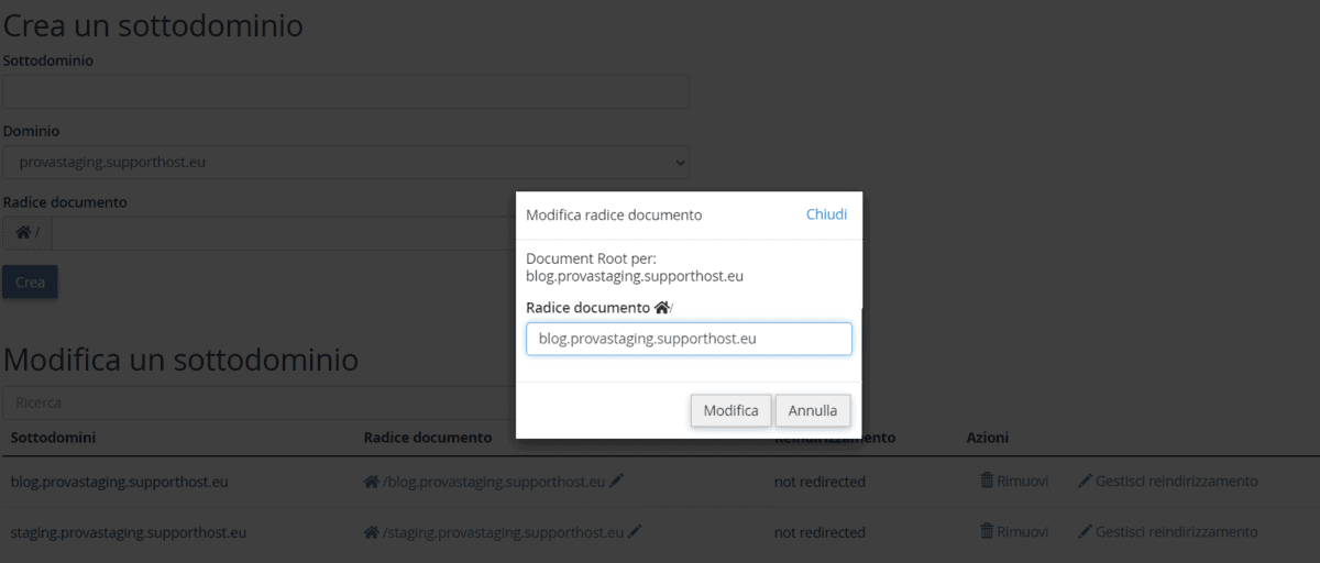 Modificare Radice Documento Sottodominio