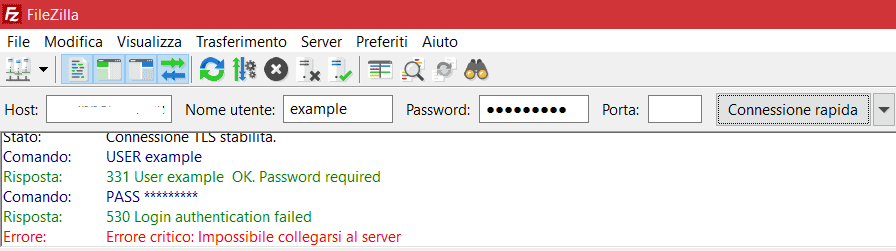 Errore Filezilla Login Errato