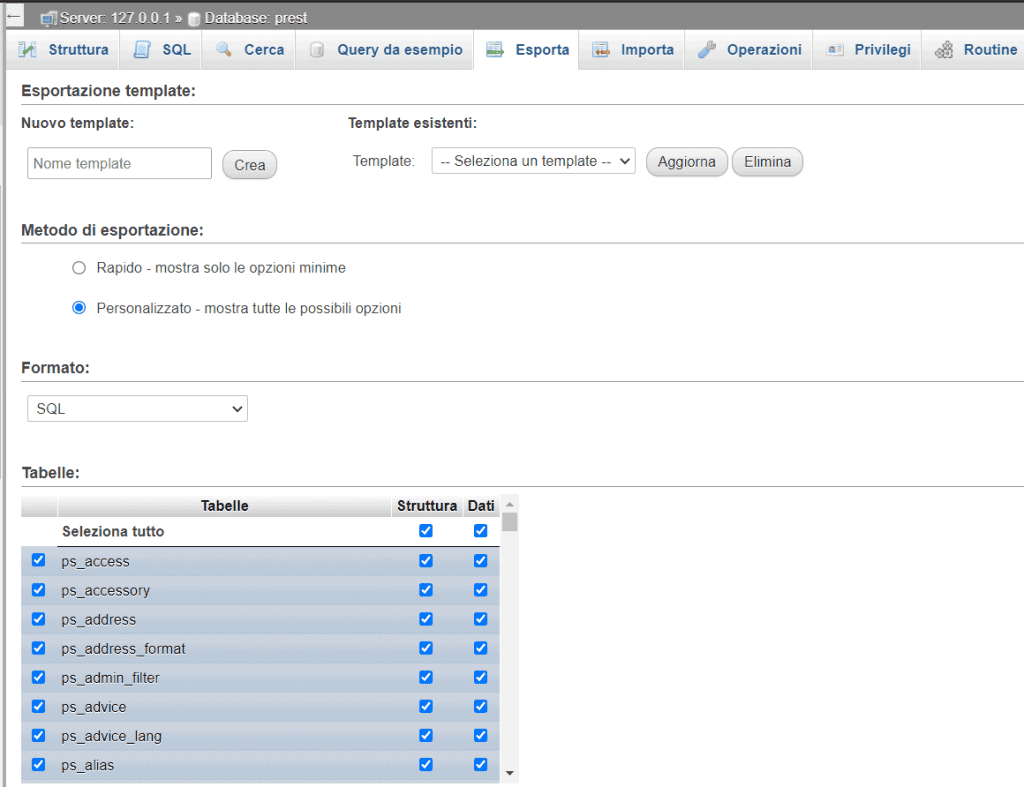 Esporta Database Metodo Personalizzato