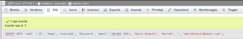 Sql Inserimento Dati