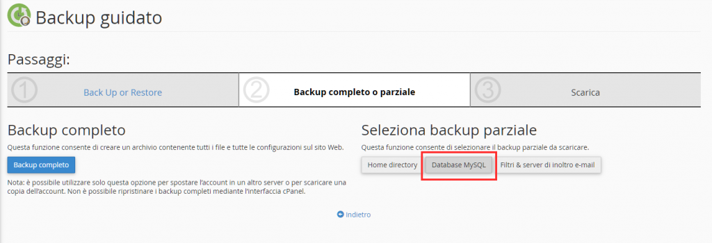 Esportare Database Con Backup Guidato Selezione Db