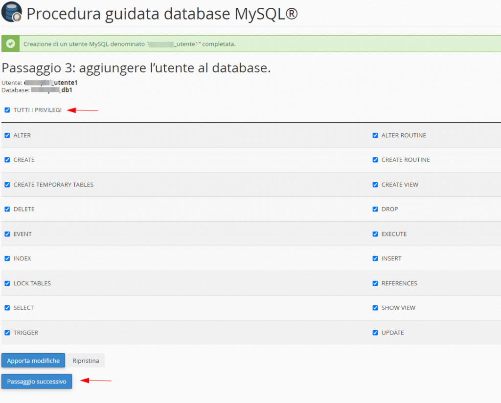 Procedura Guidata Database Mysql Passaggio 3