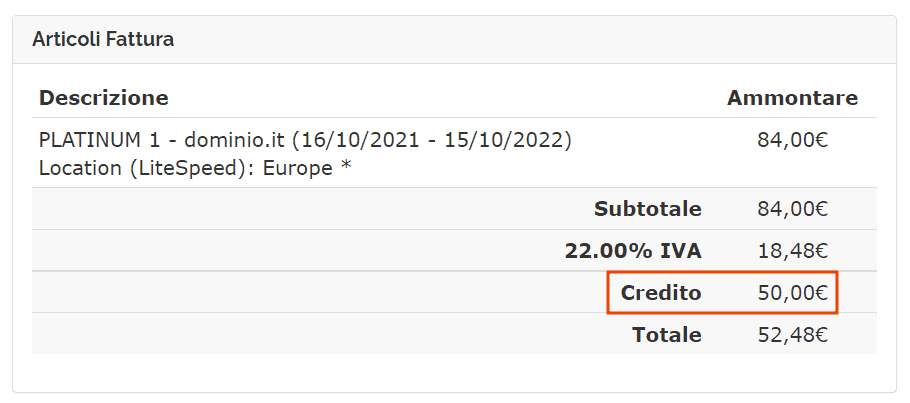 Credito Applicato Importo Fattura