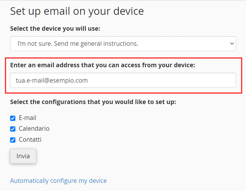 Inserisci Un Email Per La Configurazione Client Email