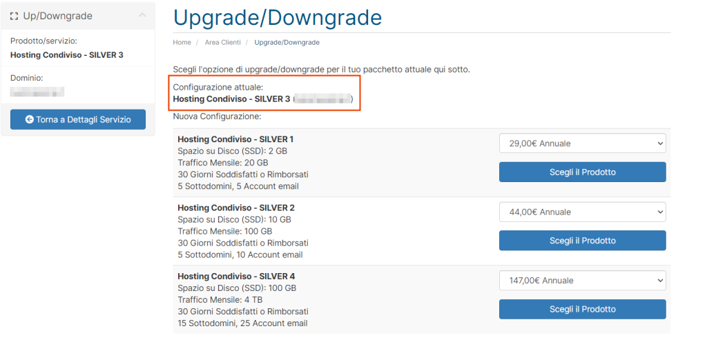 Opzioni Upgrade Downgrade Configurazione Attuale