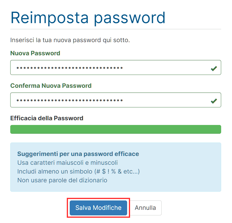 Salva Le Modifiche Della Nuova Password