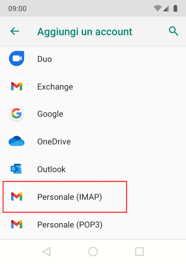 Seleziona Account Personale Imap
