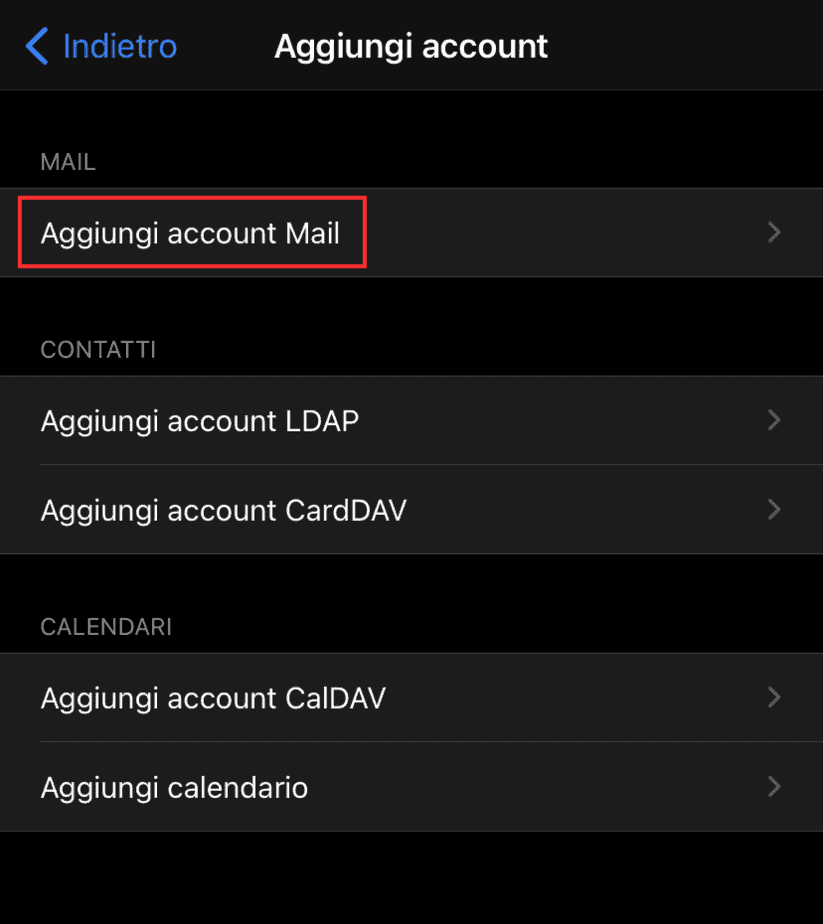 Seleziona Aggiungi Account Mail