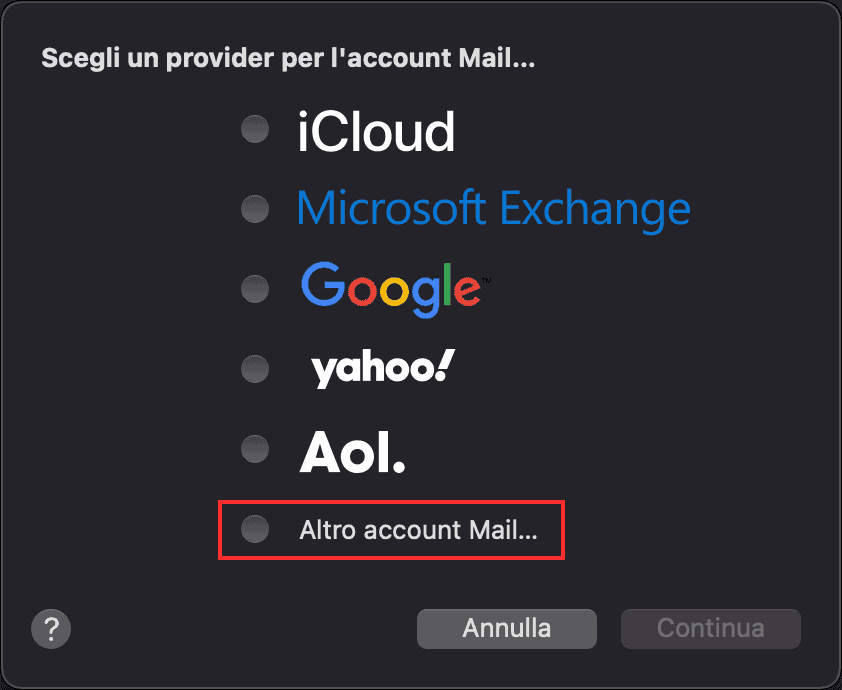 Seleziona La Voce Altro Account Email