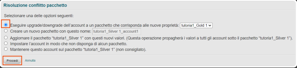Modifica Account Upgrade Downgrade Pacchetto