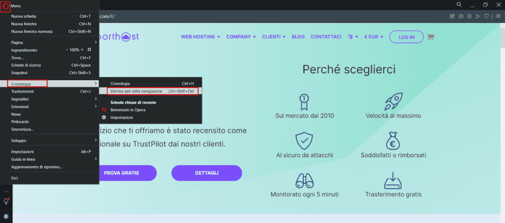 Svuotare Cache Opera Menu