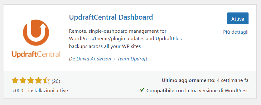 Attivare Updraftcentral Dashboard