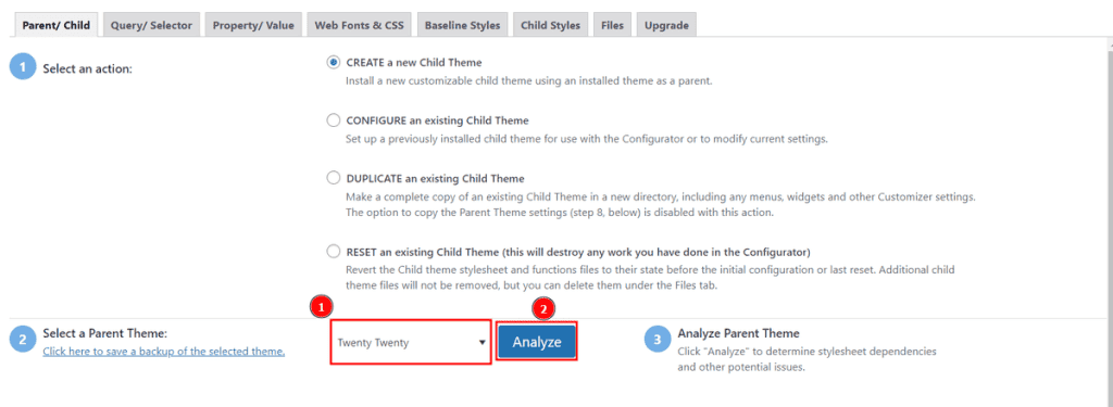 Child Theme Configurator Step 2