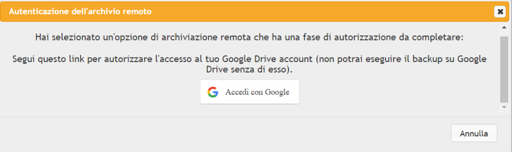 Updraftplus Autenticazione Google Drive