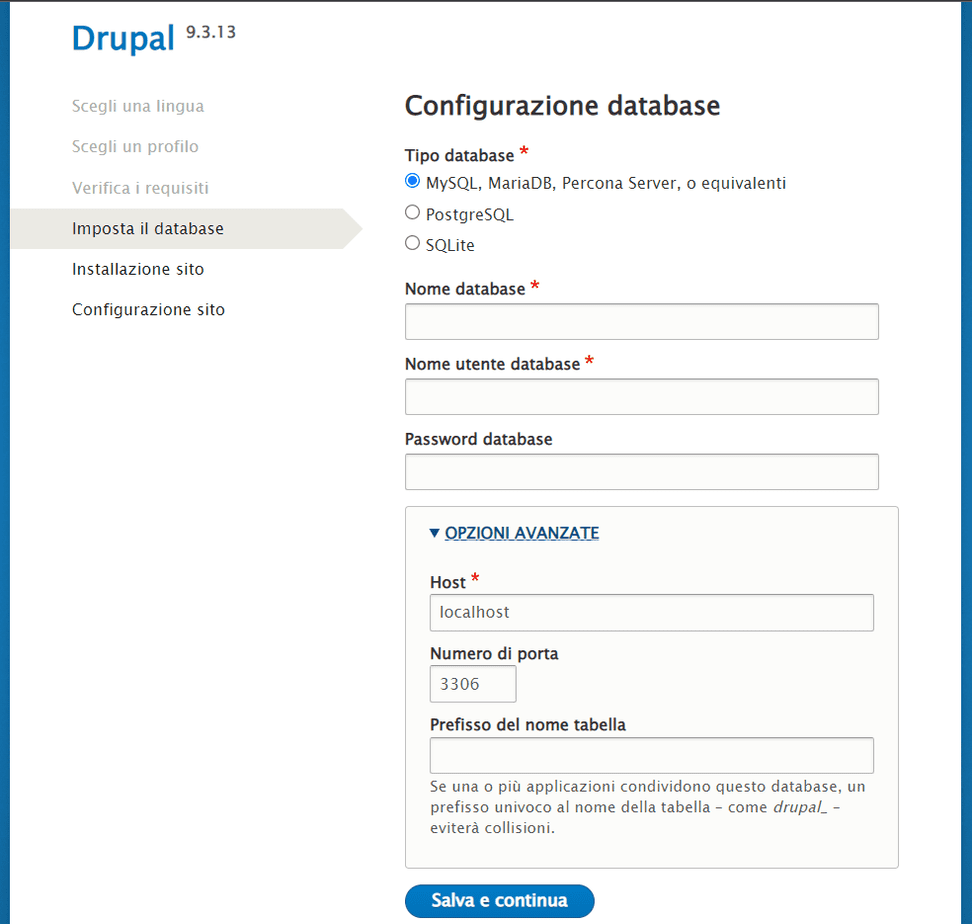 Installare Drupal Configurazione Database