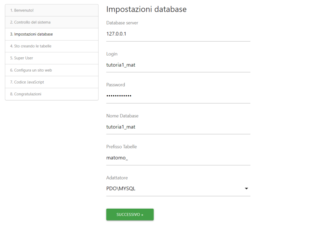 Impostazioni Database Installazione Matomo