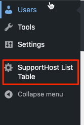 Supporthost Plugin Menu Admin