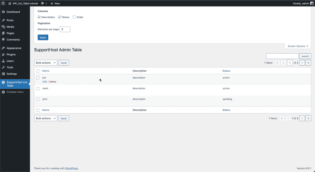 Wp List Table Tutorial Risultato Finale