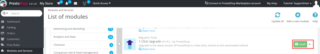 Installare Modulo 1 Click Upgrade Prestashop 16