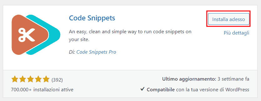 Installare Plugin Code Snippets