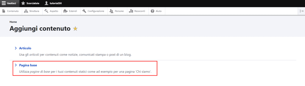 Aggiungi Pagina Base Drupal