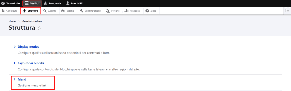 Gestisci Menu Drupal
