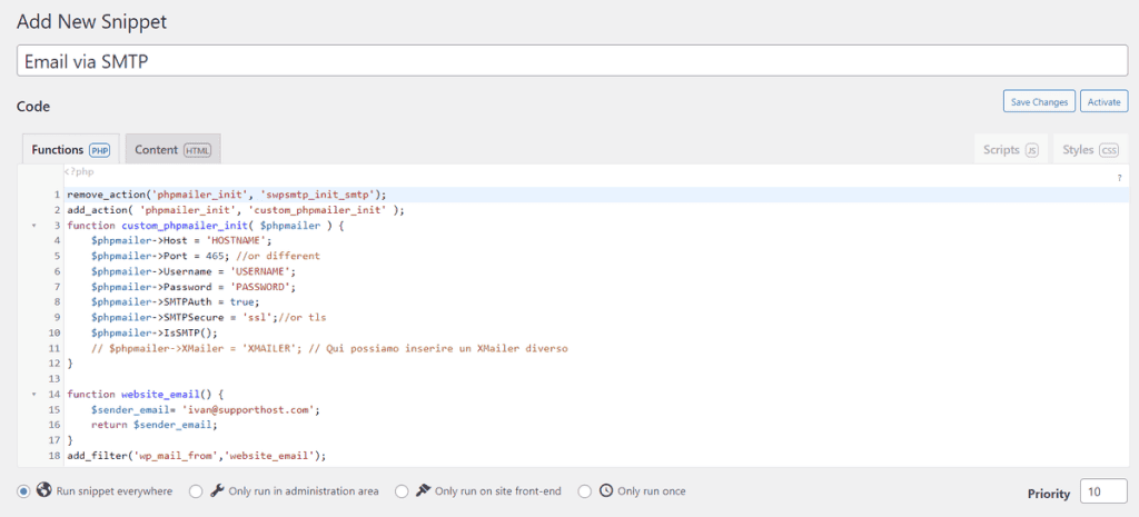 Aggiungere Funzione Email Smtp WordPress Con Code Snippets