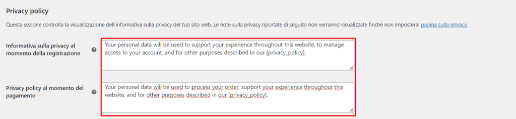 Modificare Privacy Policy Woocommerce Italiano
