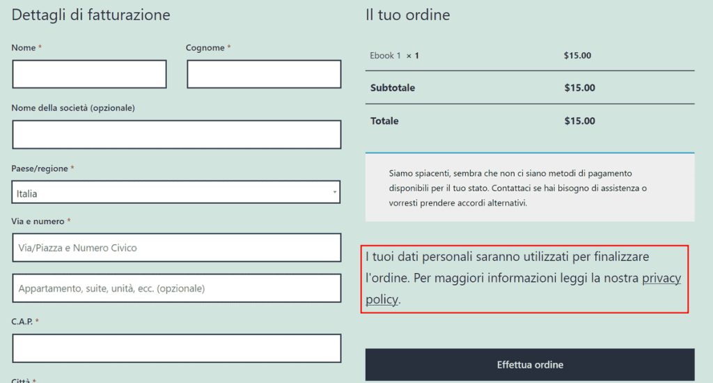 Policy Privacy Woocommerce In Italiano