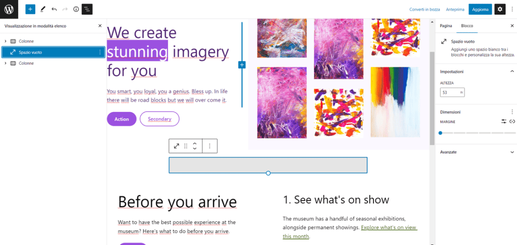Aggiungere Blocco Spazio Vuoto Pagina WordPress