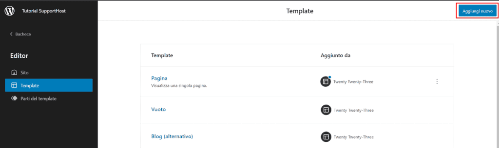 Aggiungi Nuovo Template Editor Blocchi WordPress