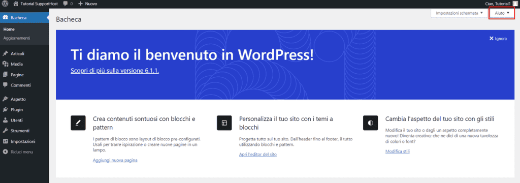 Bacheca WordPress Pulsante Aiuto