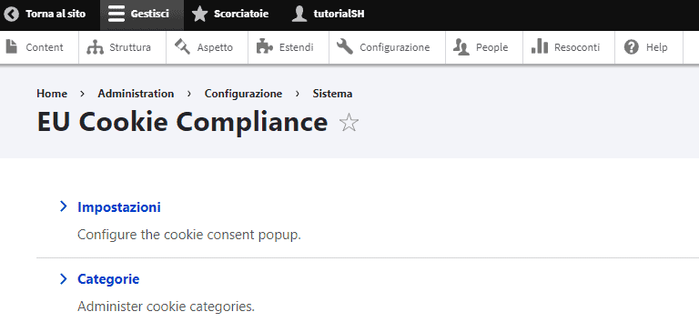 Pagina Configurazione Eu Cookie Compliance Drupal