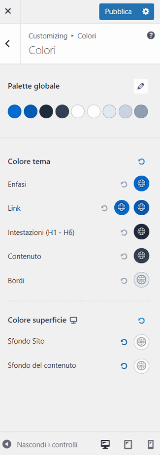 Personalizzazione Tema Astra Palette Colori