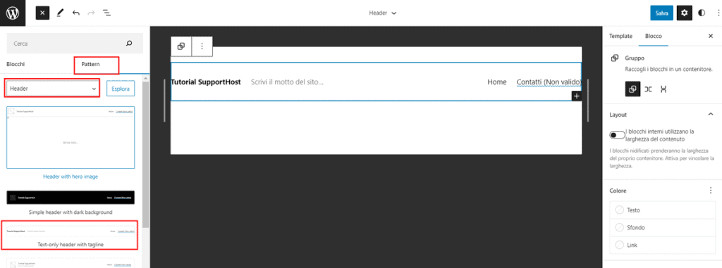 Usare Un Pattern Per Creare Header WordPress