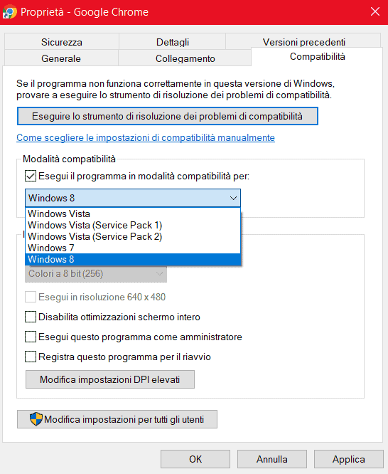 Esegui Chrome In Modalita Di Compatibilita