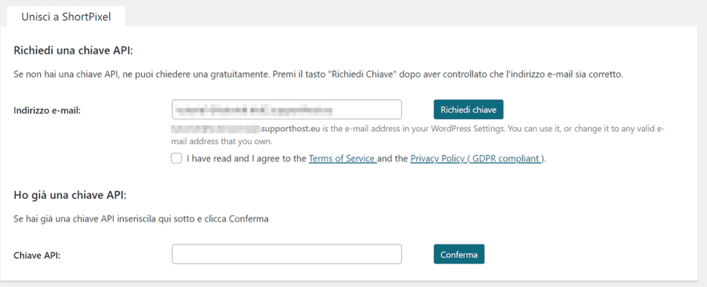 Richiedere Api Shortpixel