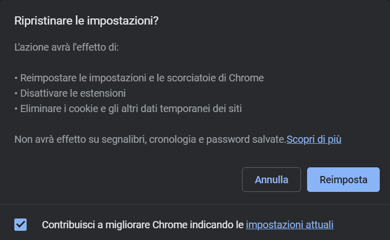 Ripristinare Chrome Impostazioni Originali