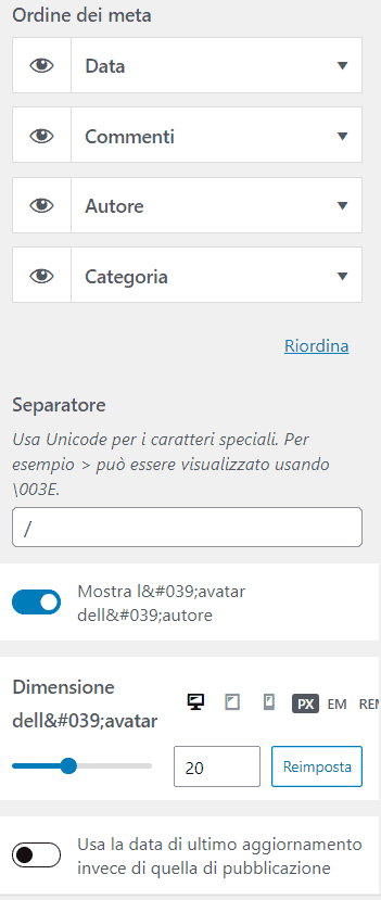 Opzioni Meta Layout Articolo