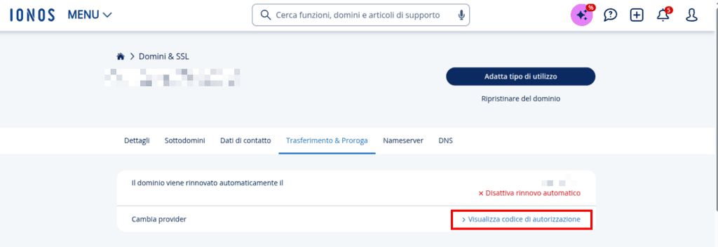 Richiedere Auth Code Ionos Passo 2