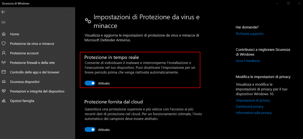 Disattivare Antivirus Windows 10