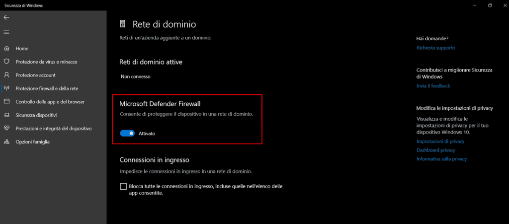 Disattivare Firewall Windows 10