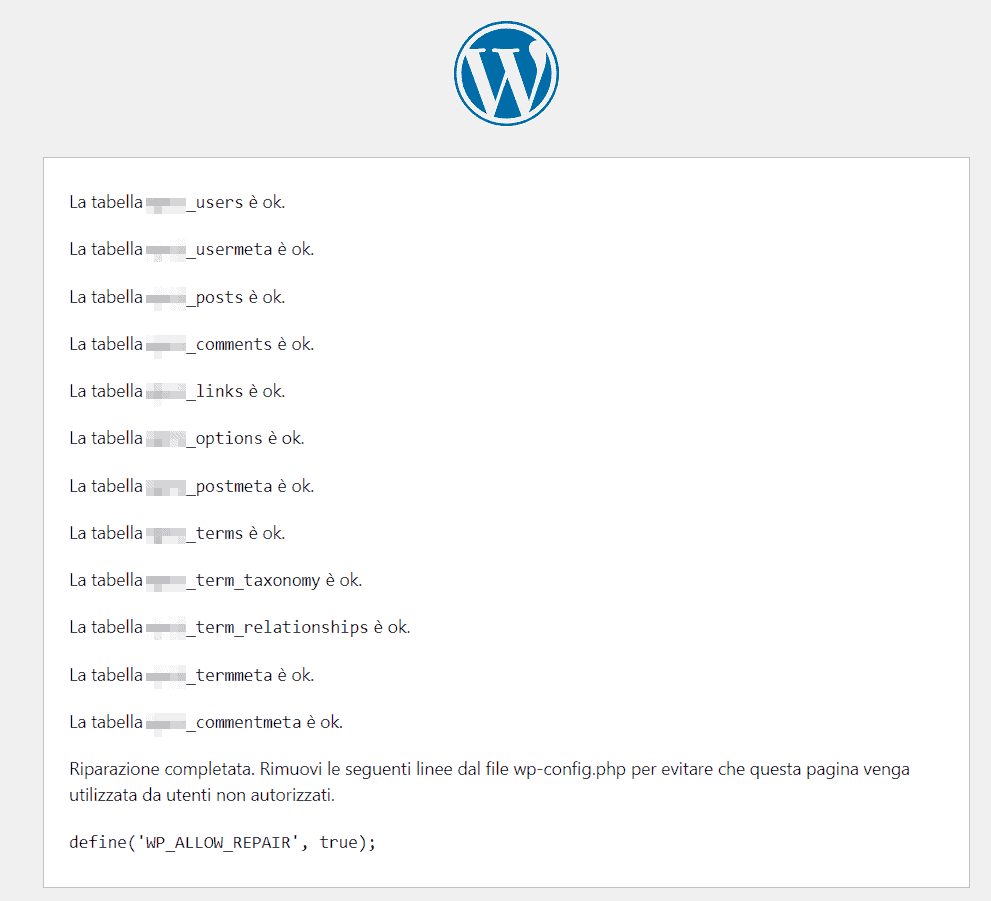 Avviso Riparazione Database Completata WordPress