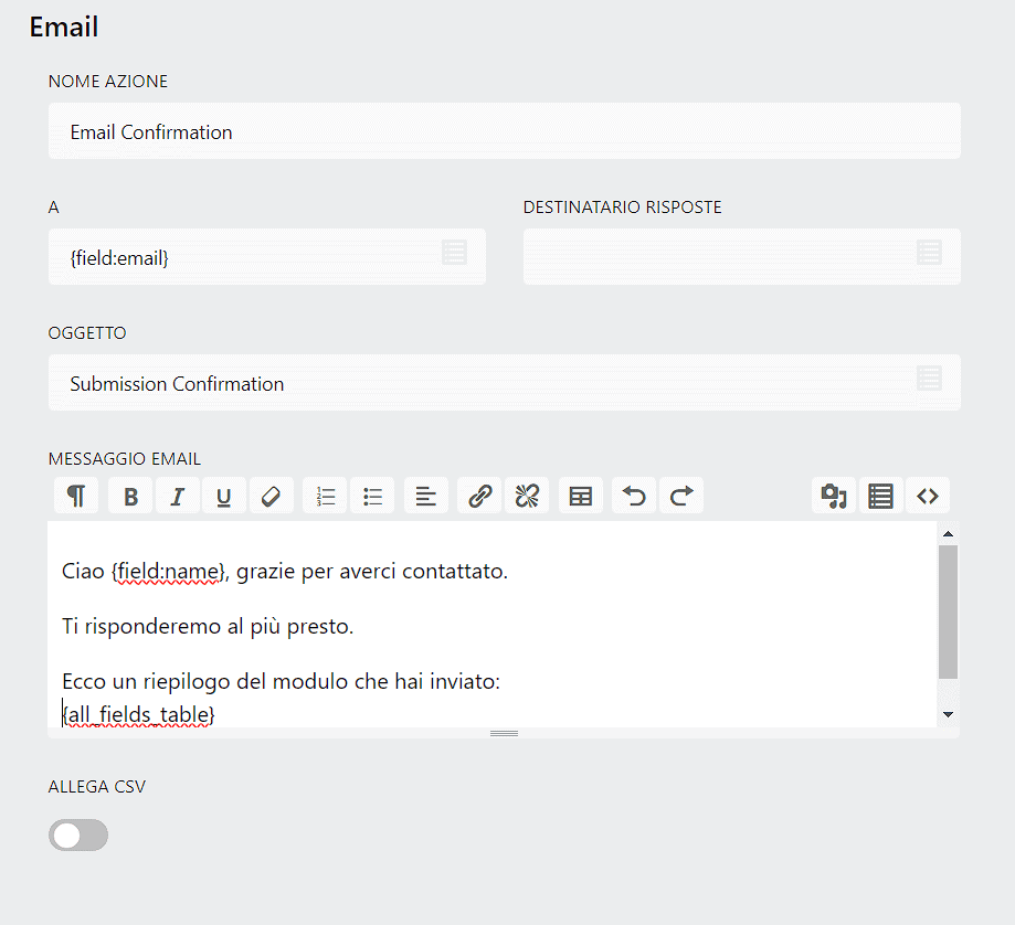 Personalizzare Email Conferma Modulo Ninja Forms