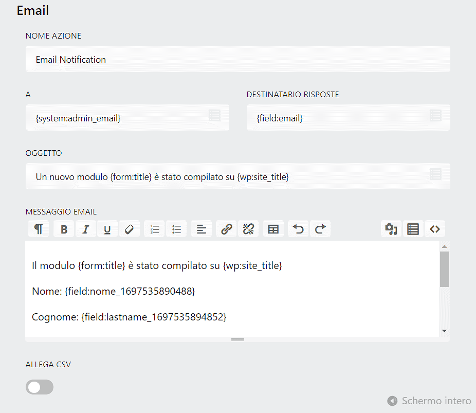Personalizzare Email Notifica Modulo Ninja Forms