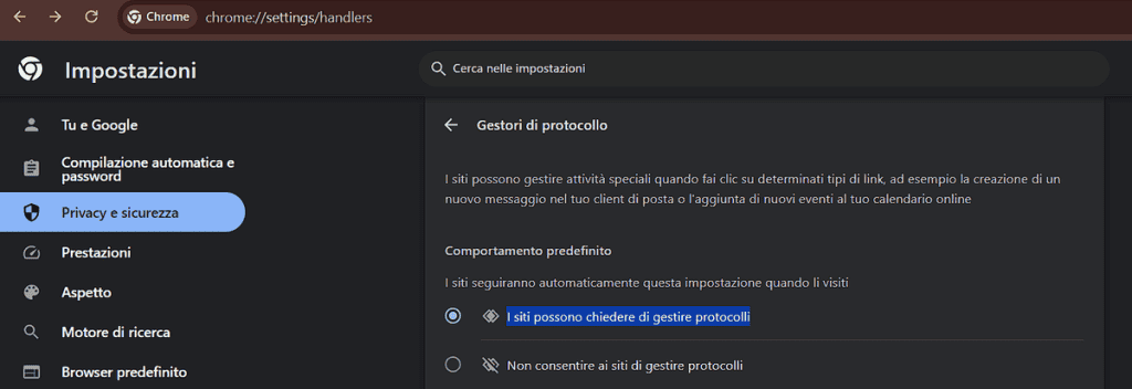 Attivare Gestione Protocolli Chrome